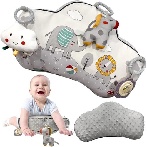 Tummy Time Pillow with 3 Detachable Sensory Toys - Infant Head Support & Neck Strengthening Mat - Soft & Breathable Baby Gym Play Pillow - Machine Washable (Safari Animals)