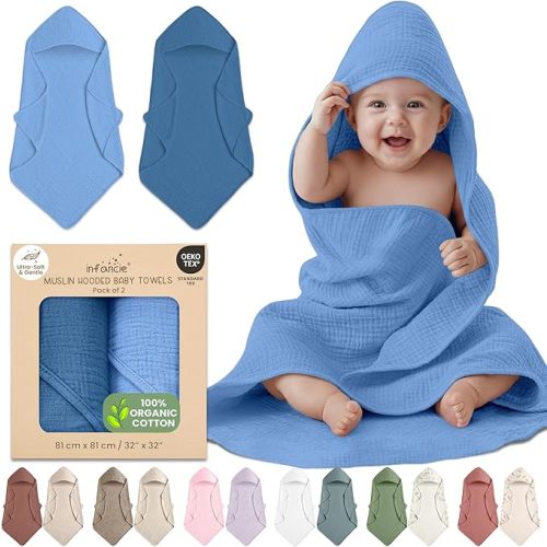 100% Organic Cotton Muslin Baby Hooded Towels 32x32 Inch – 2 Pack Soft & Absorbent Hooded Baby Towels For Boys & Girls, Premium Hooded Towels, Ultra-Gentle Baby Essentials in Deep Olive/Ivory