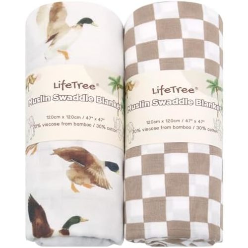 LifeTree Baby Swaddle Blankets, Boys Girls Muslin Swaddling Wrap Receiving Blanket for Newborn, 70% Viscose from Bamboo and 30% Cotton, Large 47" x 47", Duck and Coffee Checkered