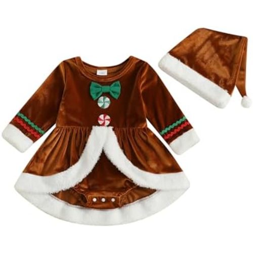 Infant Baby Girl Christmas Outfit Plush Long Sleeve Romper Dress Newborn 0 3 6 12 18 Months Girls Santa Hat Set
