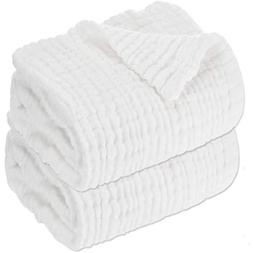 Muslin Baby Blanket Set of 2, 6-Layer 43 x 43 Inches Newborn Toddler Bath Towel Swaddle Wrap Blankets for Boys Girls(White)