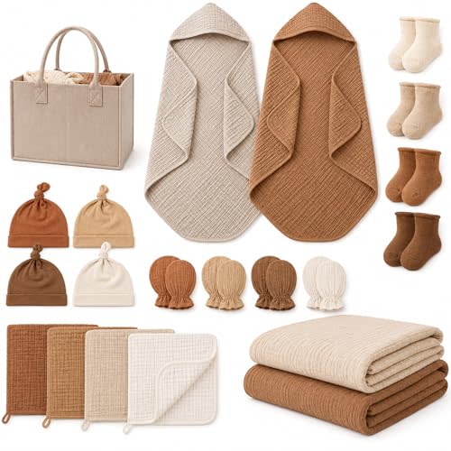 Ramede 21 Pcs Newborn Gift Basket Baby Must have Muslin Towels Swaddle Blanket Baby Bib Mitten Hairband Sock Diaper Caddy
