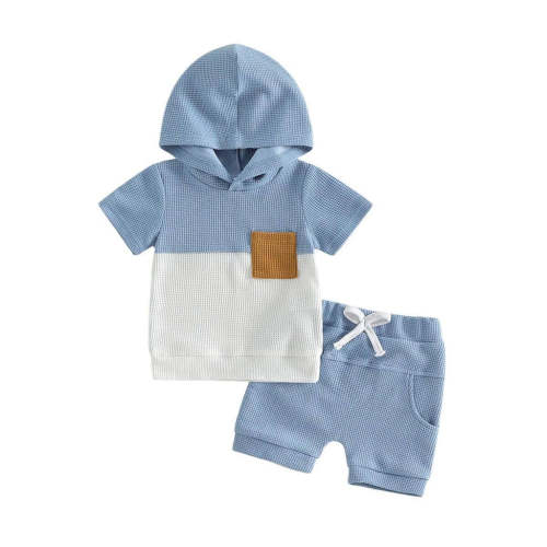 Short Sleeve Hooded Color Block Waffle Set