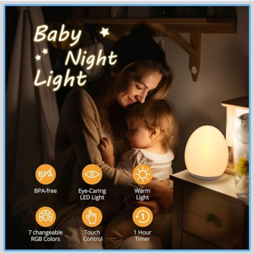 JolyWell Night Light for Kids, Baby Night Light with 7 Colors Changing Mode & Stepless Dimming, Nursery Night Light BPA Free,Rechargeable Egg Night Light for Breastfeeding 1h Timer & Touch Control