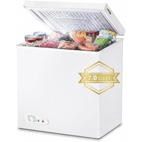 7 Cu.Ft Chest Freezer, Commercial Adjustable Temp Deep Freezer with Basket & Wheels, White