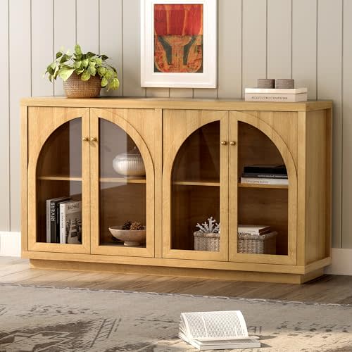 EYYTHUNG Storage Cabinet with 4 Doors, Arched Sideboard Buffet Cabinet with Adjustable Shelves, Accent Display Cabinet with Acrylic Door for Living Room, Entryway, Dining Room, Natural Oak