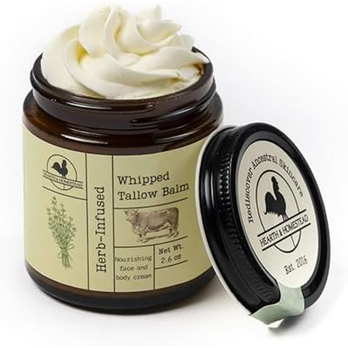 Hearth and Homestead: Handmade Whipped Tallow Balm (Herb-Infused/Unscented) - Large Jar - 2.6 oz