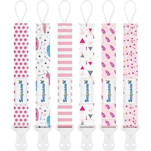 Pacifier Clip Girl,6 Pack Stylish Binky Clips Strap for Baby Girls,Paci Holder with Clip Lightweight Universal Fits Most Pacifiers Teether Toy Teething Ring Soothie,Baby Gifts(Pink)