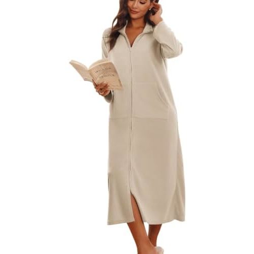 Ekouaer Women Zipper Robe Long Sleeves House Coat Soft Bathrobe Housecoat
