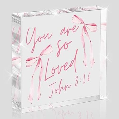 Pink Bow Room Decor, Valentines Day Decor, Inspirational Bible Verse Quotes, Valentines Christian Gifts for Women, Coquette Aesthetic Bow Dorm Decoration, Acrylic Office Desk Accessories Decoration