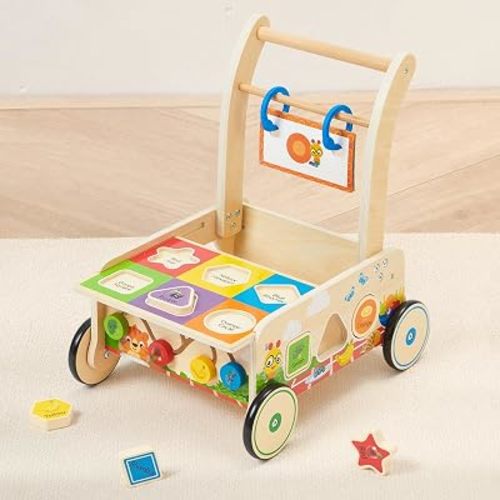 labebe x Baby Einstein Wooden Montessori Baby Walker for Toddlers 12+ Months, Push Walker Learning to Walk, Activity Center with Shape Sorter, Bead Maze, Learning Cards & Reversible Play Board