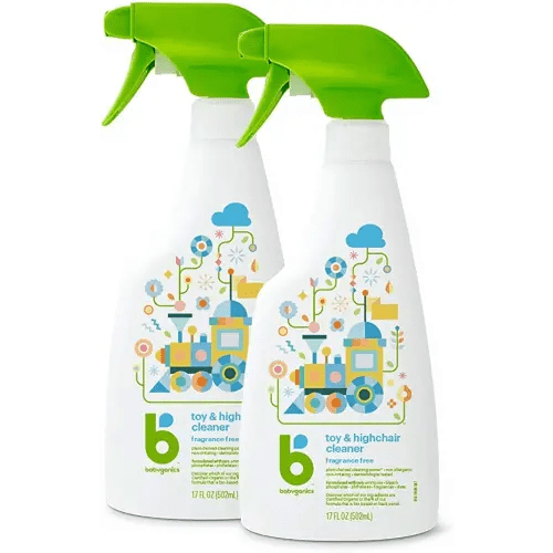 Babyganics Toy & Highchair Cleaner Spray, Fragrance Free, 17oz Spray Bottle, Made without ammonia, bleach, phosphates, phthalates or dyes, Pack of 2.