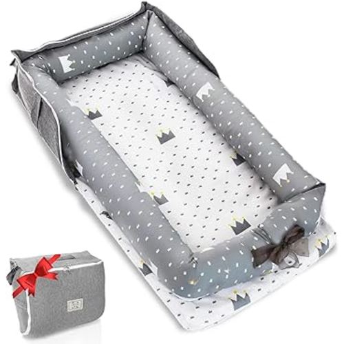 Baby Lounger for Newborn to Toddler 0-24 Months - Portable Infant Lounger with Breathable Cotton, Adjustable Size & Lengthen Space Travel Strap for Home, Outdoor (1. Crown)