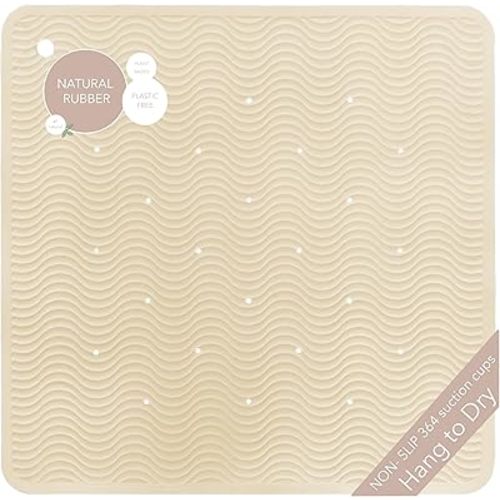 HEVEA Natural Rubber Wave Bath Mat – Square 21x21 in | Non-Slip Shower & Bathtub Mat with 364 Suction Cups, Plastic-Free & Biodegradable (Sand)