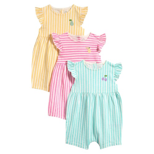 Pack of 3 Assorted Frill Cotton Rompers, 0-3M