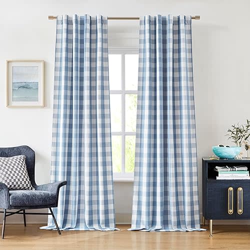 Buffalo Plaid Full Blackout Curtain Panels 84 Inches Length,Dusty Blue and White Farmhouse Drapes,Thermal Insulated Window Treatment for Bedroom Living Room,Rod Pocket Back Tabs,40"Wx84"Lx2