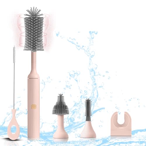 WHNL Electric Baby Bottle Brush Set with Rechargeable Electric Bottle Brush Cleaner and Replaceable Silicone Bottle Brushes and Straw Brush Cleaner, Waterproof Multi-Purpose Cleaning Brush(Pink)