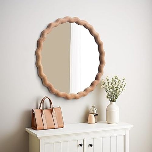 sawsile Round Wood Mirror 24" Natural Circle Wooden Waved Nursery Farmhouse Rustic Decorative Large Irregular Wall Mirror for Bathroom,Living Room, Fireplace,Hallway