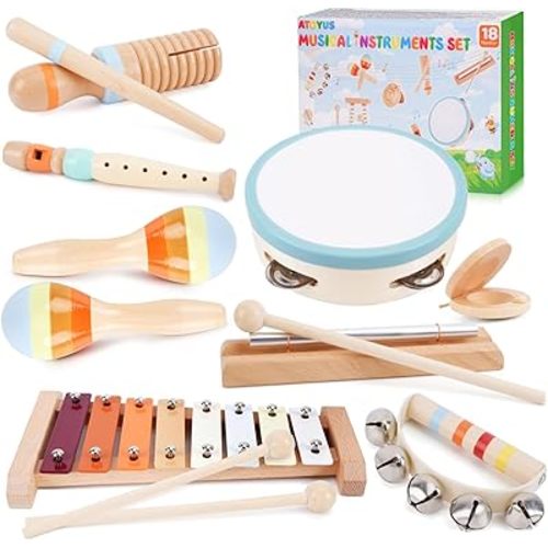 Wooden Toddler Musical Instruments Set, Montessori 18 Month Old Baby Musical Toys, Kids Percussion Instruments Xylophone Maracas for Toddlers 2 3 4, Preschool Christmas Birthday Gifts for Girls Boys