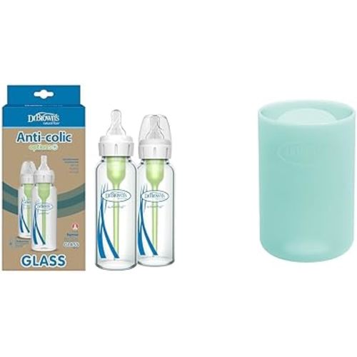 Dr. Brown's Anti-Colic Options+ Narrow Glass Baby Bottles 8 oz/250 mL 2 Pack with Level 1 Slow Flow Nipples and 100% Silicone Protective Sleeves for 4 oz Narrow Bottles, Mint