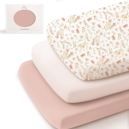 Konssy 3 Pack Stretchy Bassinet Sheets for Baby Girl Boy, Soft Breathable Baby Bassinet Mattress Sheets Fit for Hourglass Oval Cradle, Moses Basket Rectangle Mattress (Pink Spring)