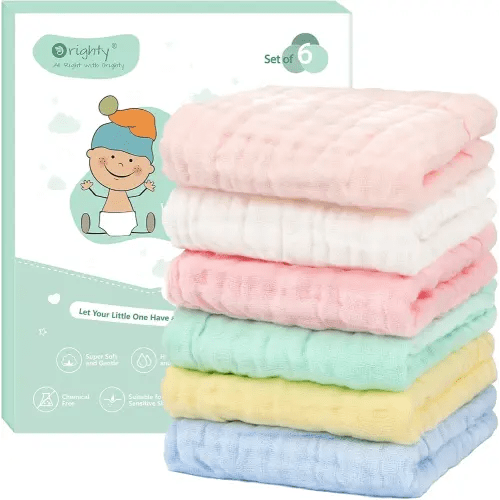 Orighty Muslin Baby Washcloths Pack of 6 - Soft Face Cloths for Newborn, Absorbent Baby Bath and Face Towels, 100% Cotton Babies Wipes, Burp Cloths, Feeding Towels for Babies and Infants - 10 x 10’’
