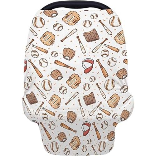 5-in-1 Unisex Baseball Sports Pattern Baby Carseat Stroller Cover for Boys Girls, Infant Toddler Privacy Nursing Breastfeeding Canopy, Grocery Shopping Cart Cover-24x28