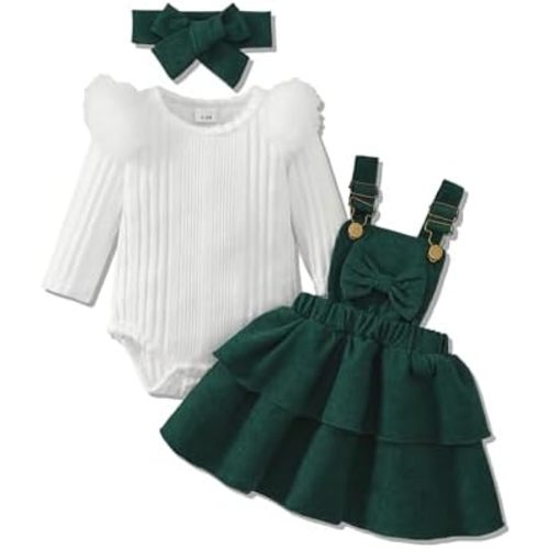Baby Girl Spring Skirt Set Newborn Overall Dress Long Sleeve Ribbed Romper Suspender Skirts 3Pcs Outfits