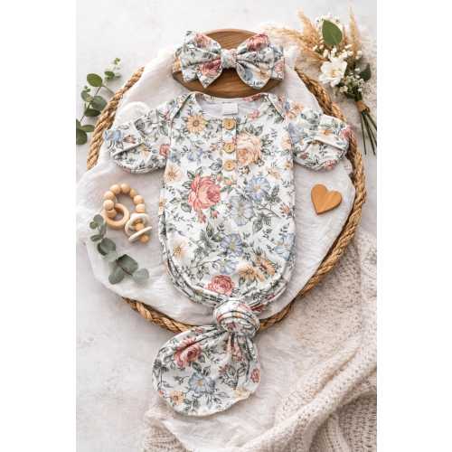 Vintage flowers newborn gown and headband set