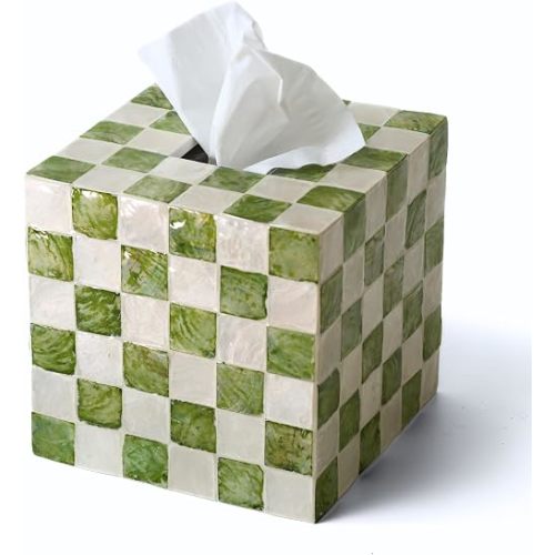 CHI AN HOME 5.7" Square Tissue Box Cover, Handmade Checkered Cube Tissue Box Cover with Capiz Shells, Decorative Tissue Holder for Living Room, Bathroom, Bedroom or Office (Pistachio Green)