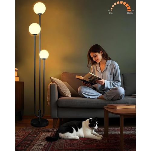 Lightdot 63IN Black Floor Lamp Dimmable with Candle Holder Style Mid Century Standing Lamps with 3 3000K Soft Warm White Bulbs Included, Modern Globe Floor Lamp for Living Room/Wedding