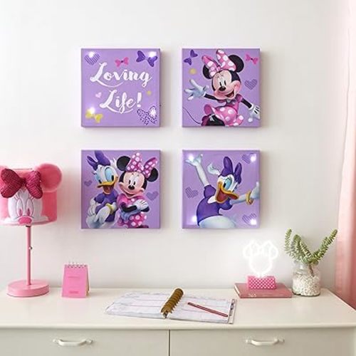Disney Minnie Mouse LED Canvas Wall Art – 4-Pack Set for Kids – Light-Up 11x11” Panels – Minnie Room Décor for Girls – Battery Operated Wall Hanging for Bedroom or Playroom