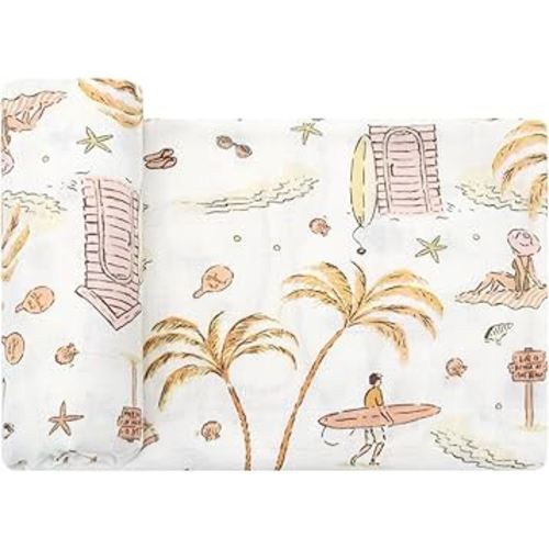 LifeTree Baby Swaddle Blanket, 70% Viscose from Bamboo and 30% Cotton Muslin Swaddles Blankets Boys Girls, Swaddling Blanket for Newborn, Super Soft Large 47" x 47", Yellow Sandy Beach