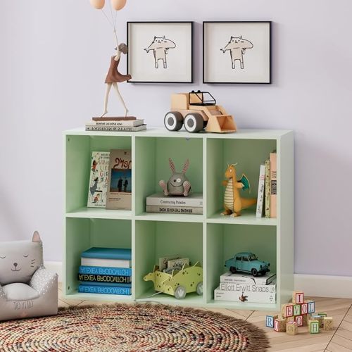 White Bookshelf 6-Cube Storage Organizer | Open Cubby Shelving Unit with Extra Thick Edges - Space-Saving Wooden Shelf for Home Office & Display Storage (Green)