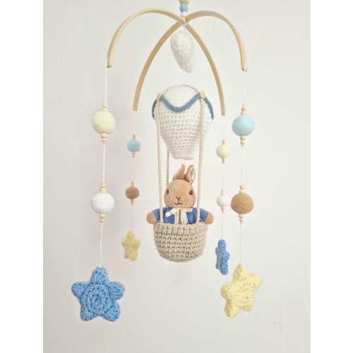 Hand Crocheted Peter Rabbit Beatrix Potter Theme Hot Air Balloon Baby Cot Crib Nursery Mobile