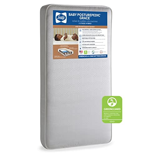 Sealy Baby Posturepedic Grace Breathable Hypoallergenic 2-Stage Dual Firmness Waterproof Baby Crib Mattress & Toddler Bed Mattress, Hybrid Coil & Memory Foam, Certified, Made in USA, 52"x28"