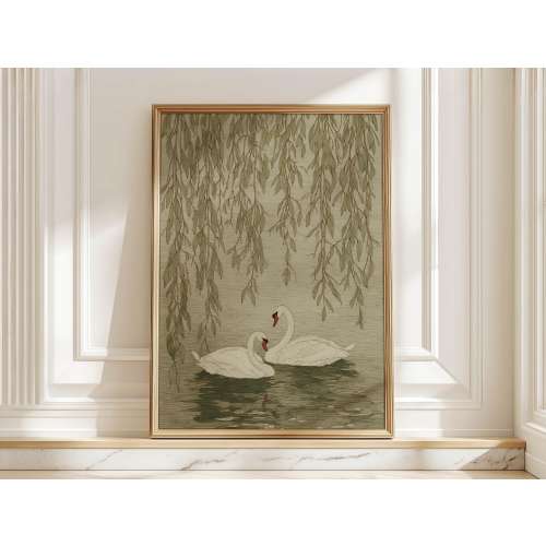 Serene Japandi Swan Art Print, Romantic Minimalist Poster, Elegant Vintage Wall Art for Living Room