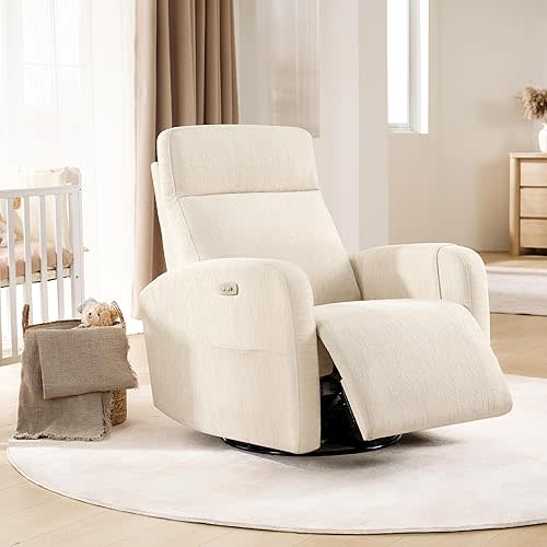 Power Recliner Chair Swivel Glider, Swivel Nursery Glider Recliner, Nursery Rocking Chair with Adjustable Headrest, Nursery Glider Recliner with USB & Type-C Charging Ports, OEKO-TEX Fabric, Beige