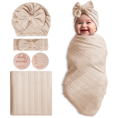Baby Swaddle Set Newborn - Receiving Headband Blankets and Bow Hat,Newborn Essentials, Soft Nursery Swaddling Blankets，Stretchy Baby Blankets for Girls and Boys Unisex(Light Brown)