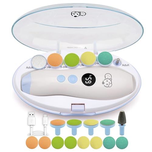 Rechargeable 22 in 1 Baby Nail Trimmer, Usage Labeled Case, 13 Extra Replacement Tools, Royal Angels Electric Nail File with LCD display, Newborn Toddler Nail Care Clipper Kit (Rechargeable,WhiteBlue)