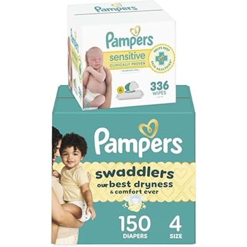 Pampers Swaddlers Disposable Baby Diapers Size 4, 150 Count with Sensitive Water Based Baby Wipes 4X Pop-Top Packs (336 Count)