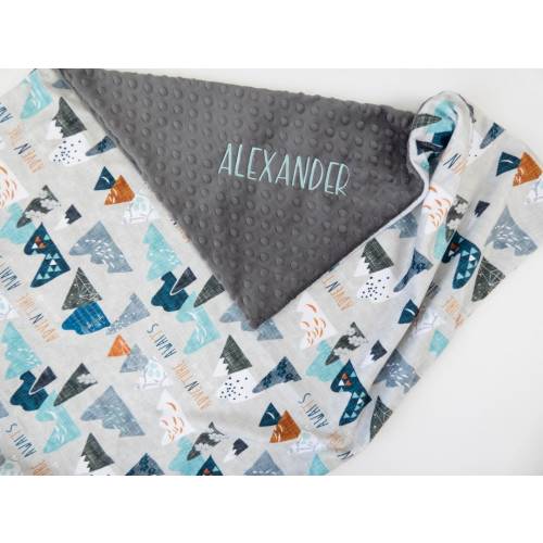 Max&#39;s Adventure Baby Blanket, Personalized, Baby Shower Gift, Blue Nursery, Boy Baby Blanket, Mountains Baby Gift, Adventure Awaits