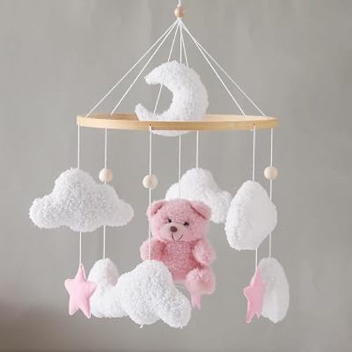 EERKEOD Baby Crib Mobile Bear Nursery Mobile for Boys Girls Teddy Velvet Mobile Nursery Decor for Infant Bedroom Hanging Baby Mobile for Bassinet Newborn Baby Gift（Pink Bear）
