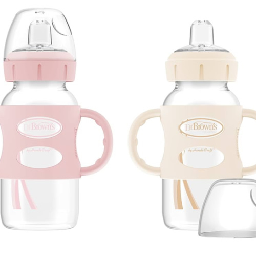 Dr. Brown's Milestones Wide-Neck Sippy Spout Bottle with 100% Silicone Handles, Easy-Grip Handles with Soft Sippy Spout, 9oz/270mL, Light-Pink & Ecru, 2-Pack, 6m+