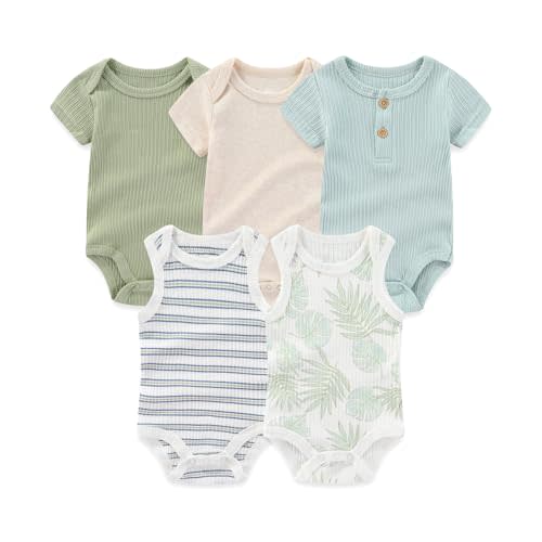 MAMIMAKA Newborn Baby Short Sleeve Bodysuits Cotton One-Piece Baby Boy Girl Clothes 5-Pack