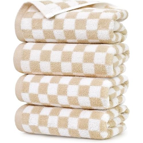 Jacquotha Beige Checkered Hand Towels - Set of 4, Cotton, 13"x29"