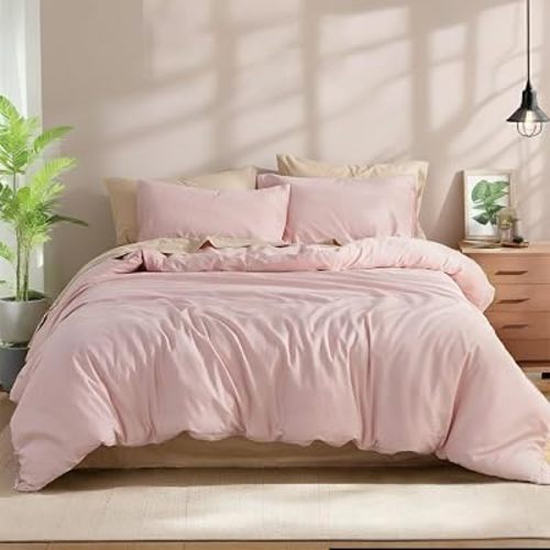 100% Cotton Comforter Set Twin Size – Pink, Linen-Like Texture, Super Soft & Breathable Lightweight Bedding Set, 3-Piece Durable Percale Comforter for All Seasons