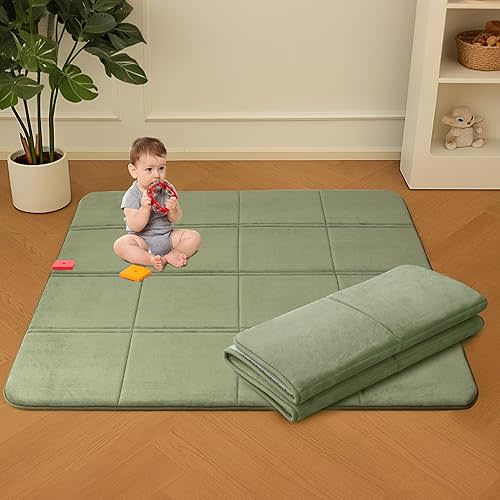 MAXYOYO 1.2" Thick Baby Play Mat for Floor, 49"x 49" Foldable Playpen Mat, Tummy Time Foam Mats Ultra Soft Support,Padded Carpet with Non-Slip Backing for Infant,Kids and Toddler Crawling, Green