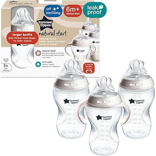 Tommee Tippee Natural Start Baby Bottle, 11oz, Thicker Feed, Breast-Like Nipple for Babies 6 Months+, Clear, 3 Count