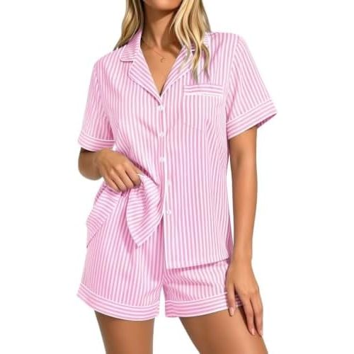 YOZLY 100% Cotton Women Pajama Set Gingham Short Sleeve Button Down Top & Shorts 2 Pcs Plaid Striped Loungewear S-XXL